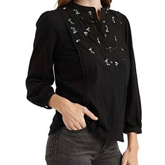 Lucky Brand Tops - Lucky Brand Black Floral Embroidered Henley | EUC